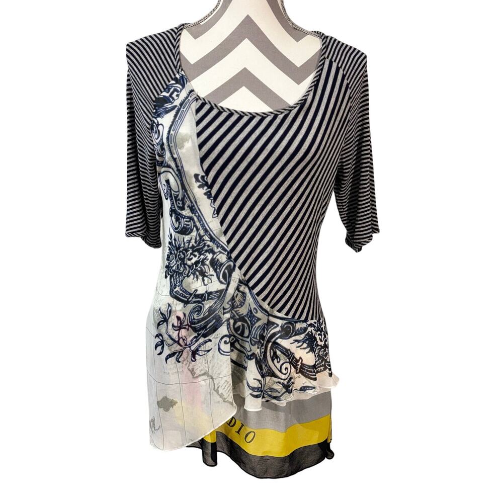 Soft Surroundings Mixed Media Top M Striped Graphic Floral Asymmetric Flowy Art